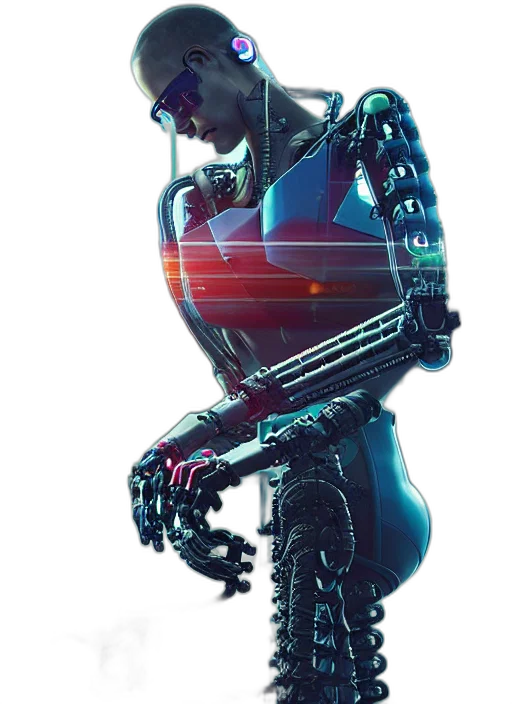 robot, weapon, cyberpunk, concept art, 3d render, vaporwave, neon lights, blue transparent PNG cut-out