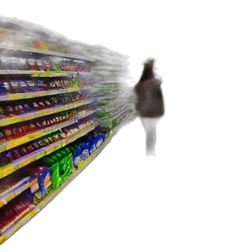 food, 3d render, supermarket, aisles, shoppers, fisheye, lens, color transparent PNG cut-out
