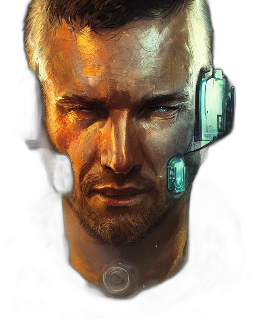 face, robot, weapon, mask, cyberpunk, concept art, comic book art, photorealistic transparent PNG cut-out