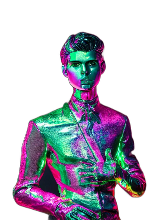 jacket, robot, face, staff, vaporwave, cyberpunk, 3d render, concept art transparent PNG cut-out