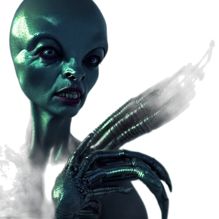 robot, creature, concept art, fantasy art, 3d render, cyberpunk, outer space, green transparent PNG cut-out