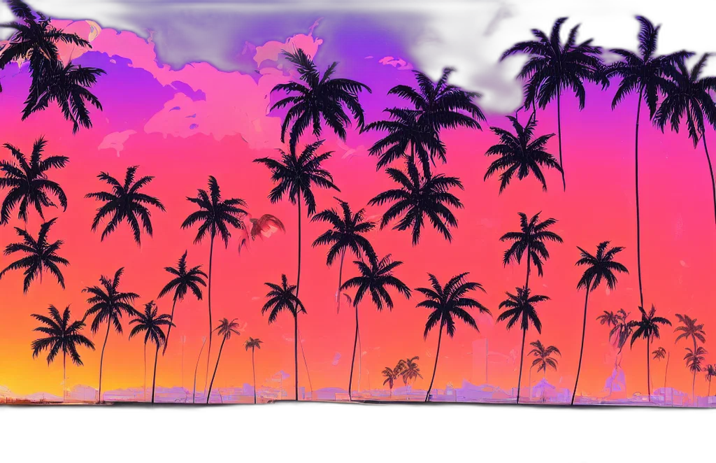 umbrella, tree, vaporwave, concept art, 3d render, fantasy art, sunset, beach transparent PNG cut-out