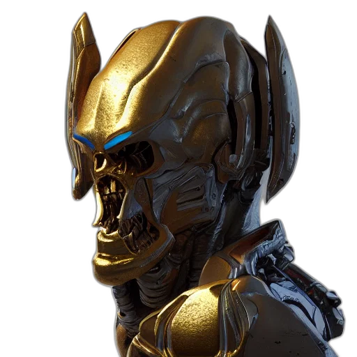 mask, robot, face, 3d render, concept art, fantasy art, cyberpunk, golden transparent PNG cut-out