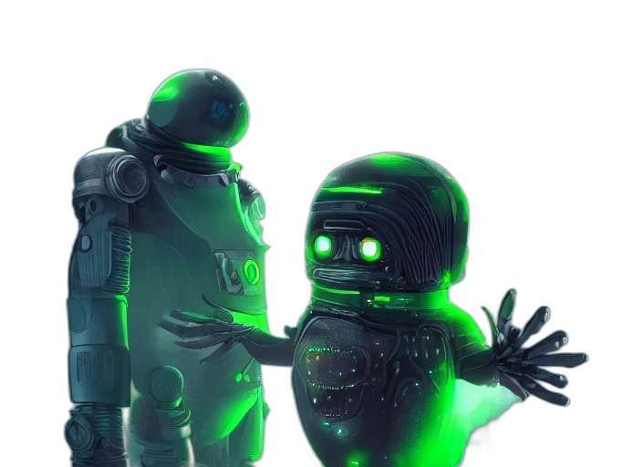 robot, 3d render, concept art, cyberpunk, vaporwave, outer space, neon lights, underwater transparent PNG cut-out