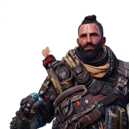 weapon, jacket, face, staff, concept art, cyberpunk, fantasy art, photorealistic transparent PNG cut-out