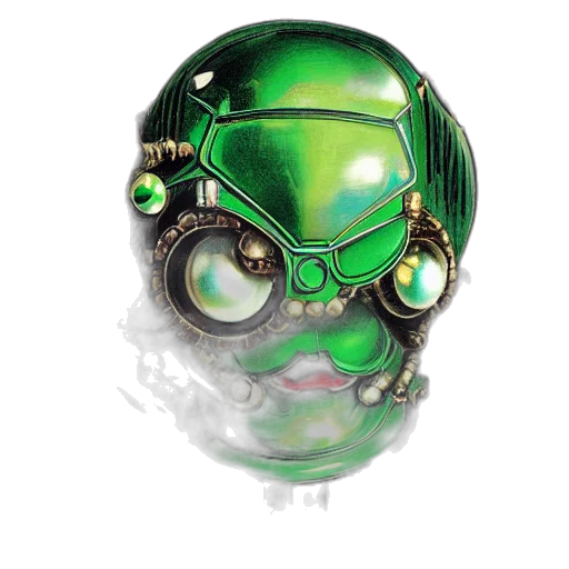 mask, jewelry, robot, 3d render, concept art, cyberpunk, photorealistic, green transparent PNG cut-out