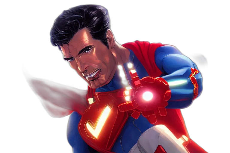 comic book art, concept art, 3d render, cartoon, superman, ironman, black, red transparent PNG cut-out