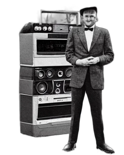 robot, jacket, staff, vintage, photo, man, boombox, instead transparent PNG cut-out
