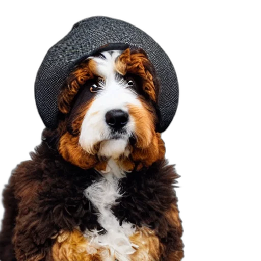 hat, animal, jacket, staff, photorealistic, bernedoodle, wearing, stylized transparent PNG cut-out