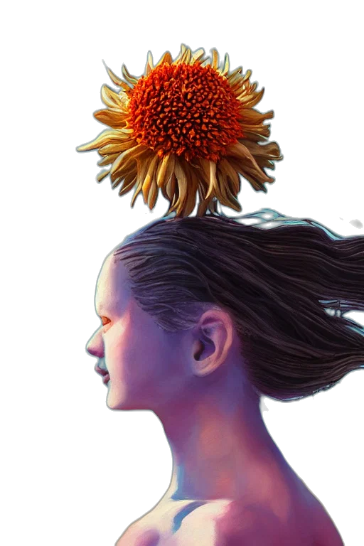 crown, flower, hair, face, photorealistic, concept art, 3d render, fantasy art transparent PNG cut-out