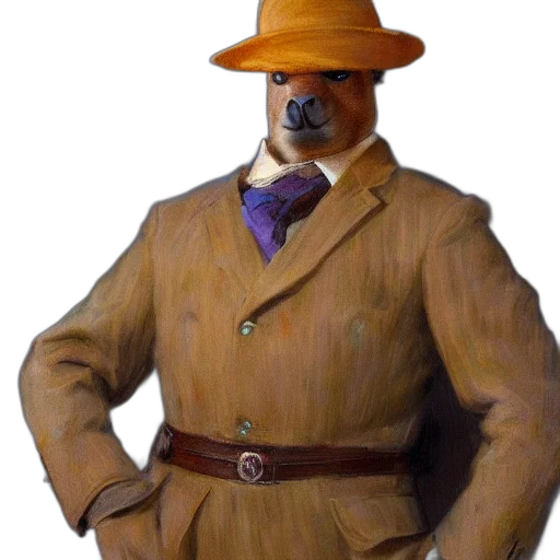 hat, animal, staff, jacket, concept art, oil painting, photorealistic, fantasy art transparent PNG cut-out