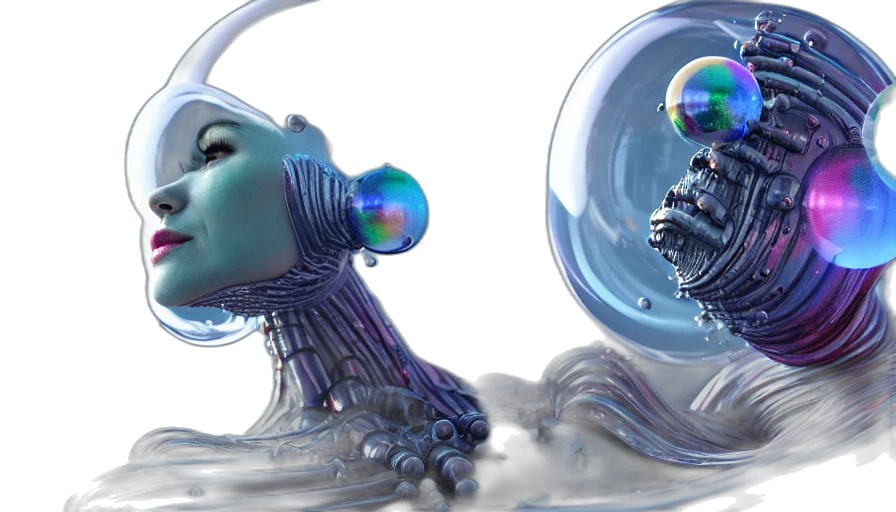 robot, 3d render, concept art, fantasy art, photorealistic, underwater, outer space, blue transparent PNG cut-out