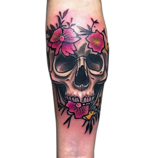 photorealistic, skull, flowers, tattoo transparent PNG cut-out