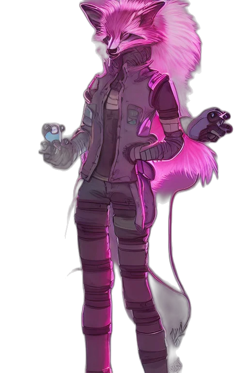 jacket, staff, creature, robot, cyberpunk, concept art, vaporwave, fantasy art transparent PNG cut-out