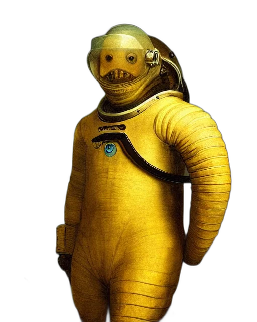 robot, creature, mask, staff, concept art, 3d render, outer space, golden transparent PNG cut-out