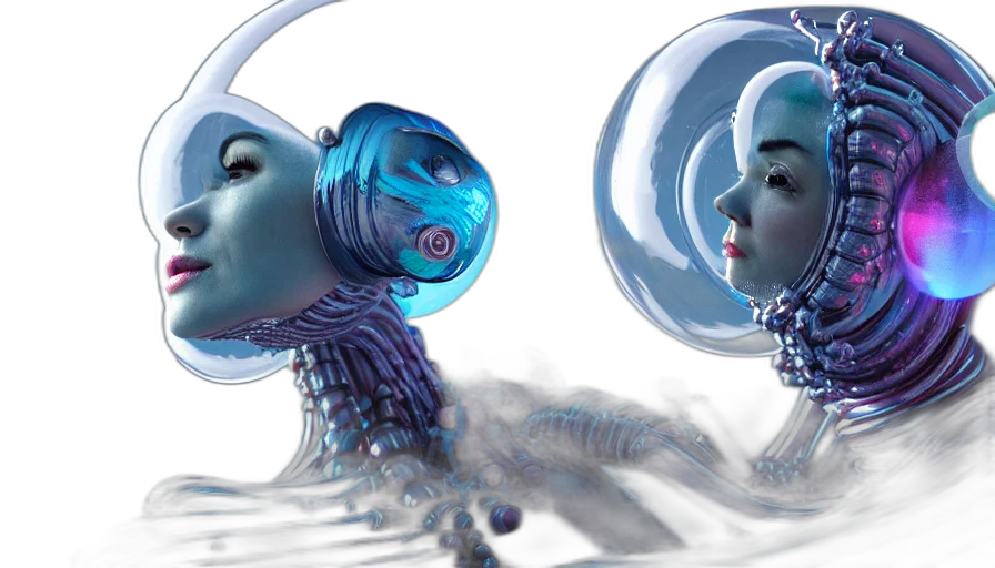 robot, concept art, 3d render, fantasy art, cyberpunk, underwater, outer space, blue transparent PNG cut-out