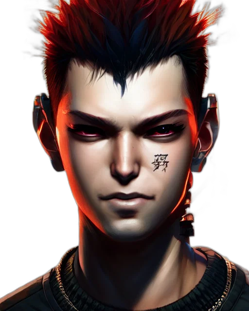 face, photorealistic, cyberpunk, fantasy art, concept art, red, dark, portrait transparent PNG cut-out