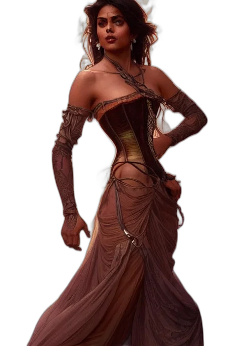 dress, staff, concept art, fantasy art, comic book art, photorealistic, earth tones, dark transparent PNG cut-out