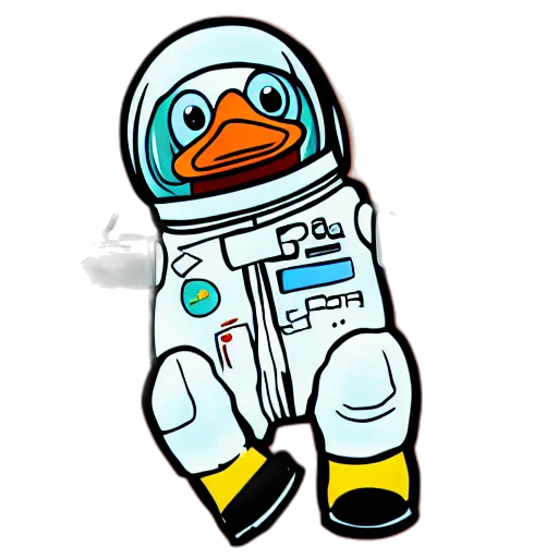 robot, pixel art, cartoon, concept art, 3d render, outer space, astronaut, duck transparent PNG cut-out