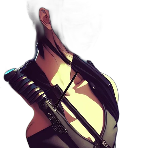 weapon, jacket, mask, staff, cyberpunk, concept art, 3d render, comic book art transparent PNG cut-out