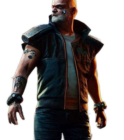 jacket, weapon, face, cyberpunk, concept art, 3d render, photorealistic, charismatic transparent PNG cut-out