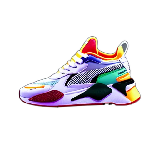 shoes, 3d render, vaporwave, colorful, neon, puma, sneakers, vfx transparent PNG cut-out