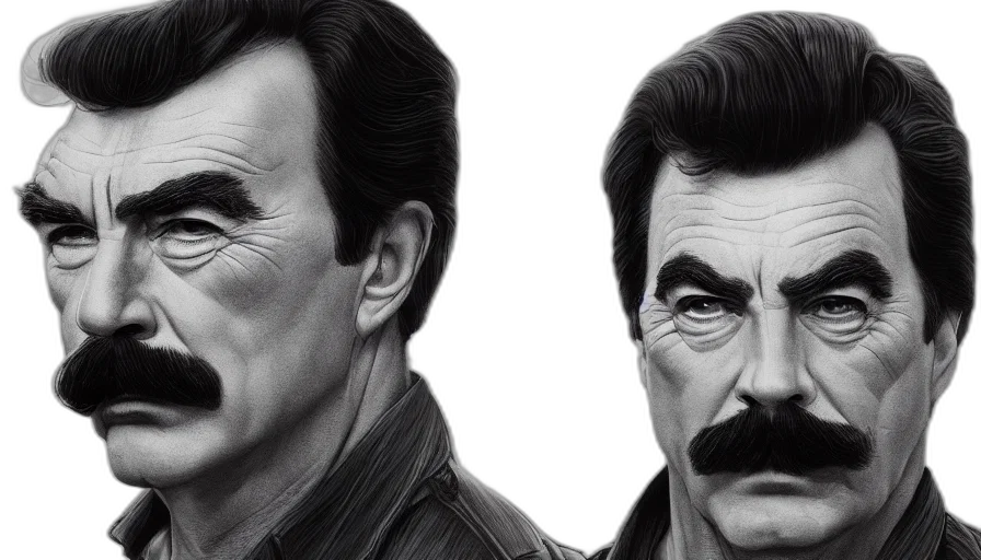 face, photorealistic, comic book art, concept art, pencil sketch, tom, selleck, wide transparent PNG cut-out