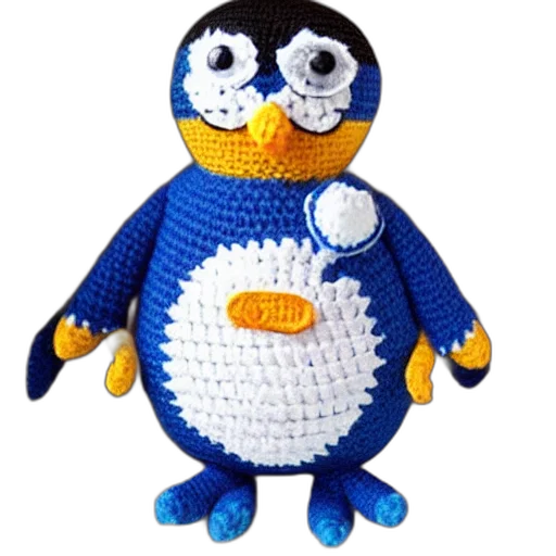 3d render, pixel art, blue, crocheted, penguin, doll transparent PNG cut-out