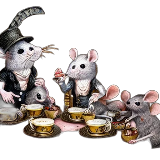 concept art, 3d render, mice, tea, party, lowbrow, matte, painting transparent PNG cut-out