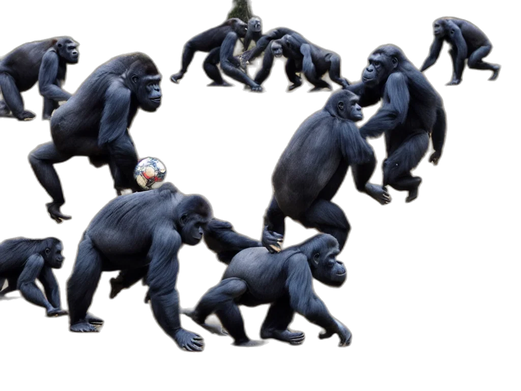 animal, creature, staff, concept art, 3d render, gorillas, playing, soccer transparent PNG cut-out