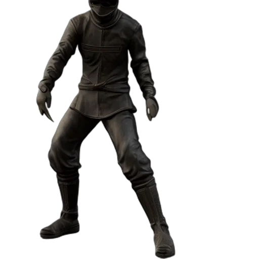 mask, jacket, staff, weapon, 3d render, concept art, dark, rendering transparent PNG cut-out