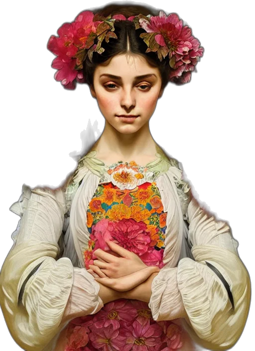flower, jewelry, face, crown, photorealistic, fantasy art, oil painting, concept art transparent PNG cut-out