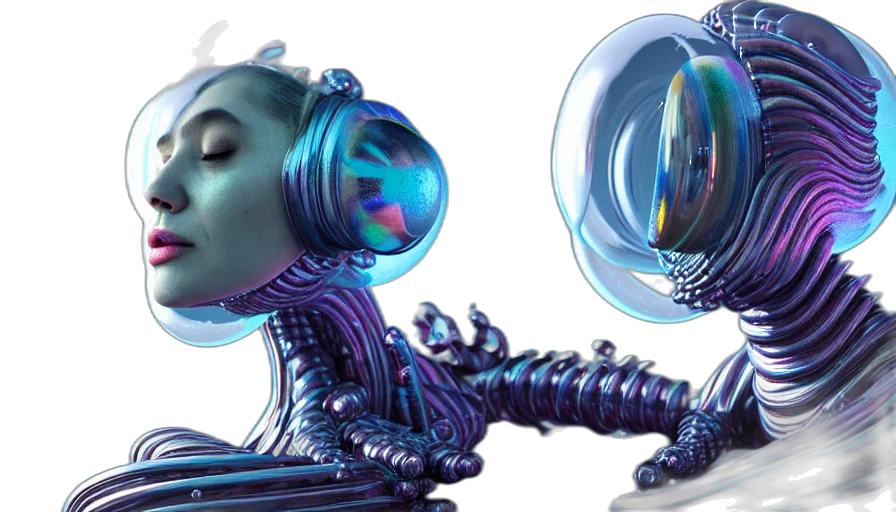 robot, concept art, 3d render, cyberpunk, vaporwave, outer space, bubbles, artstation transparent PNG cut-out