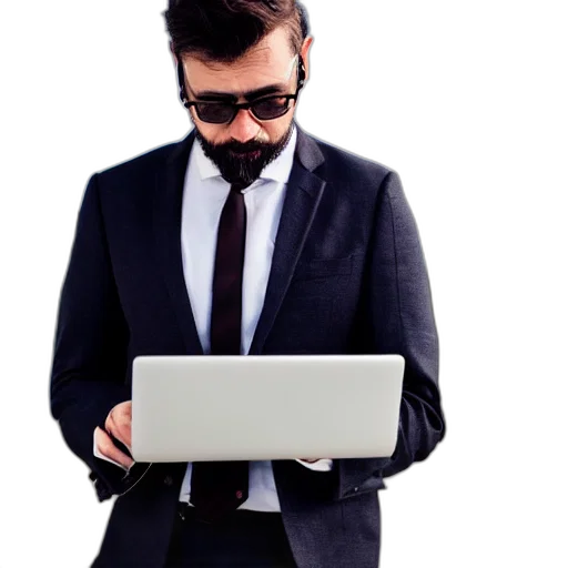 staff, jacket, man, wearing, suit, working, laptop, short transparent PNG cut-out