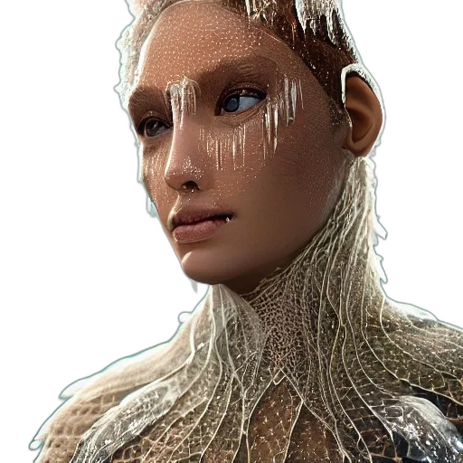 hair, robot, jewelry, creature, 3d render, cyberpunk, concept art, photorealistic transparent PNG cut-out