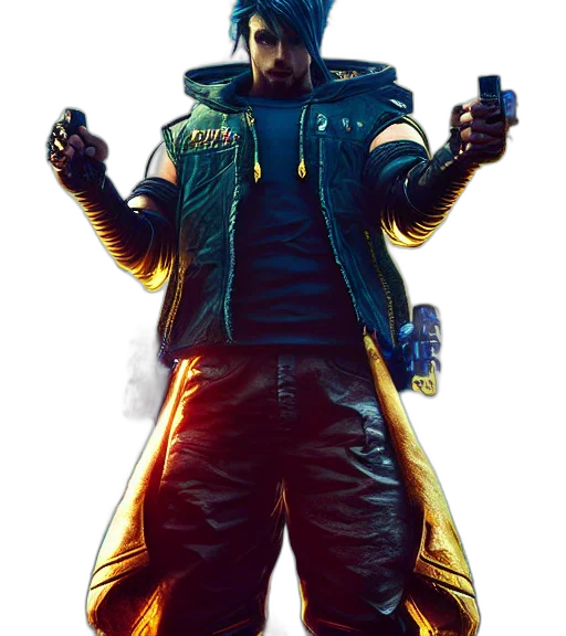 jacket, weapon, cyberpunk, concept art, comic book art, 3d render, golden, charismatic transparent PNG cut-out