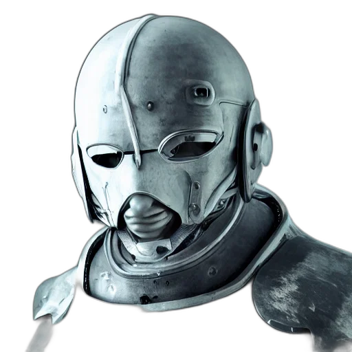 mask, robot, face, sword, concept art, 3d render, photorealistic, fantasy art transparent PNG cut-out