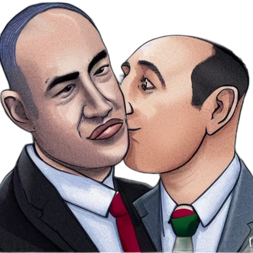 cartoon, benjamin, netanyahu, kissing, naftali, bennet, realistic, detailed transparent PNG cut-out
