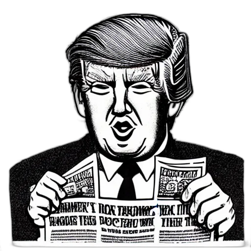 cartoon, close, portrait, donald, trump, eating, newspapers, robert transparent PNG cut-out