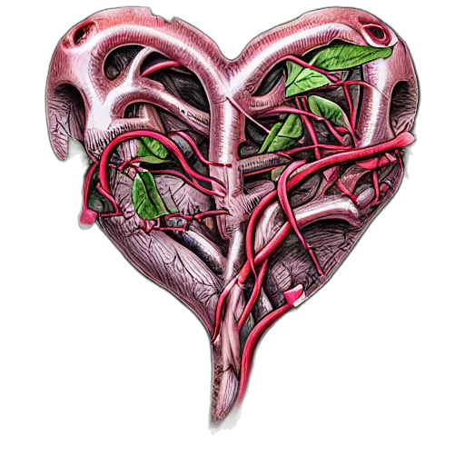 concept art, anatomical, hearts, wrapped, vines, thorns, watercolor, realistic transparent PNG cut-out