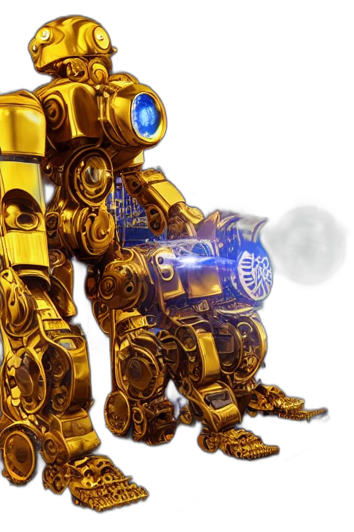 robot, weapon, concept art, 3d render, golden, portrait, photo, giant transparent PNG cut-out