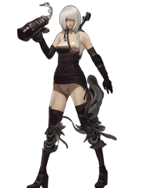 weapon, staff, dress, concept art, cyberpunk, fantasy art, comic book art, monochrome transparent PNG cut-out