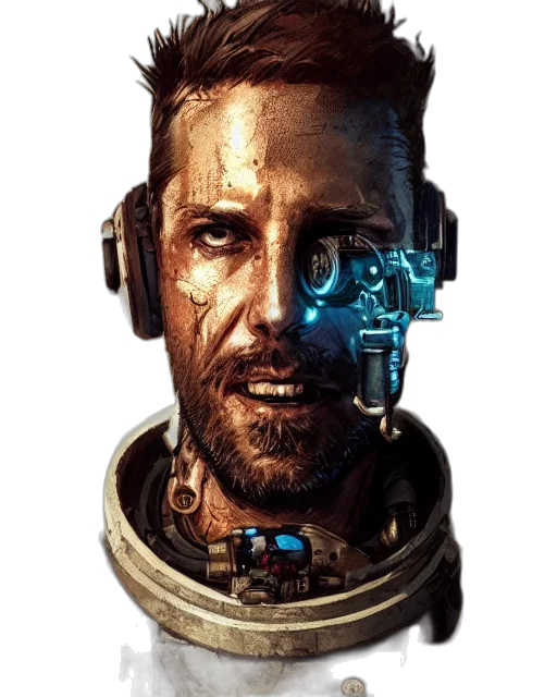 robot, face, mask, jacket, cyberpunk, concept art, comic book art, 3d render transparent PNG cut-out
