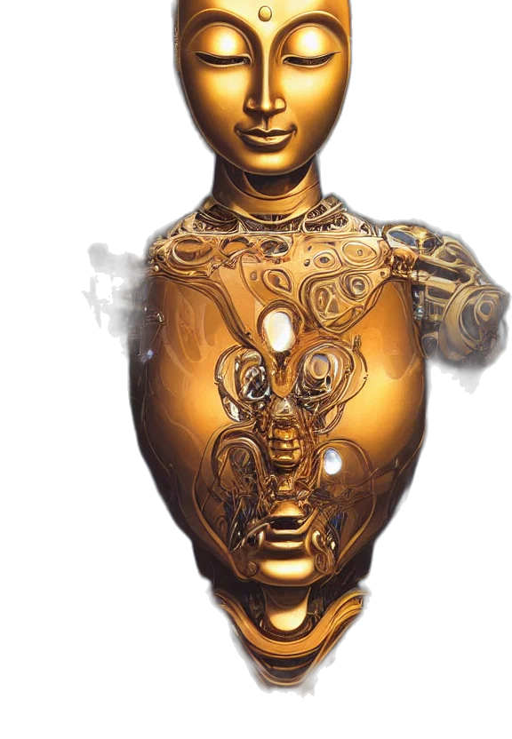 jewelry, robot, mask, staff, 3d render, concept art, photorealistic, fantasy art transparent PNG cut-out