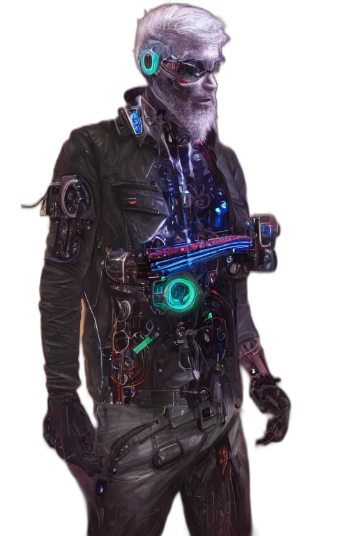 robot, jacket, staff, weapon, cyberpunk, concept art, 3d render, comic book art transparent PNG cut-out
