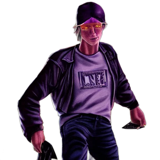 jacket, robot, staff, weapon, cyberpunk, concept art, pixel art, comic book art transparent PNG cut-out