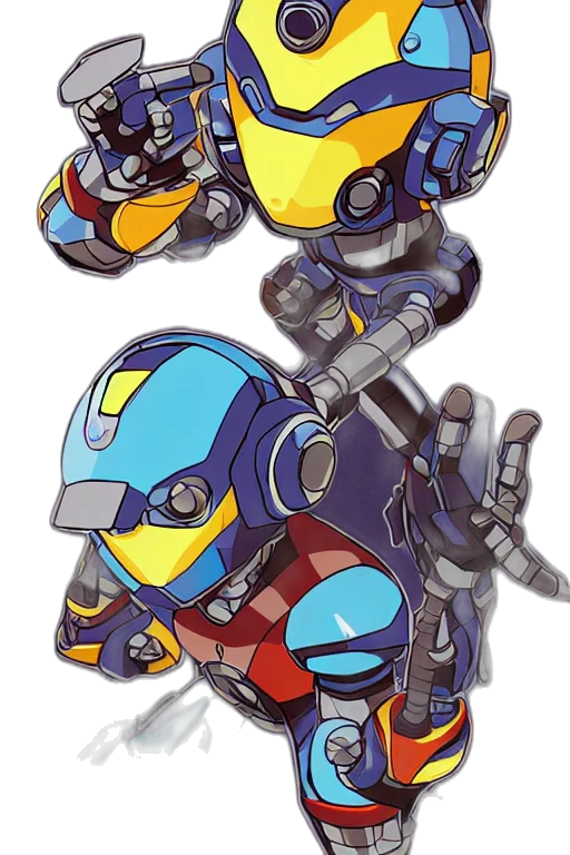 robot, weapon, concept art, pixel art, comic book art, anime, blue, colorful transparent PNG cut-out