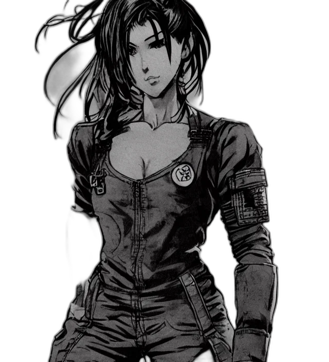 jacket, dress, weapon, comic book art, cyberpunk, concept art, cartoon, monochrome transparent PNG cut-out
