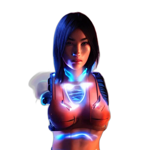 robot, dress, staff, cyberpunk, concept art, 3d render, fantasy art, neon lights transparent PNG cut-out