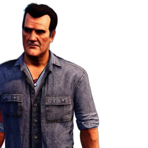 jacket, 3d render, concept art, photorealistic, screenshot, bruce, campbell, gta transparent PNG cut-out